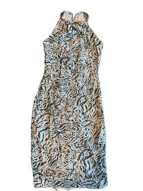 XSCAPE Metallic Animal Print Halter Dress Ruched Bodycon Cocktail Size 6